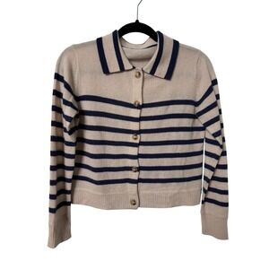 Frame Mariner Collared Cashmere Cardigan Beige Navy Blue Button Front Sweater